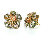 Carved Unakite Green and Orange Tone Earrings with Diamonds, 14K Gold