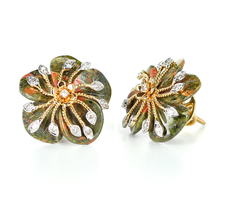 Carved Unakite Green and Orange Tone Earrings with Diamonds, 14K Gold