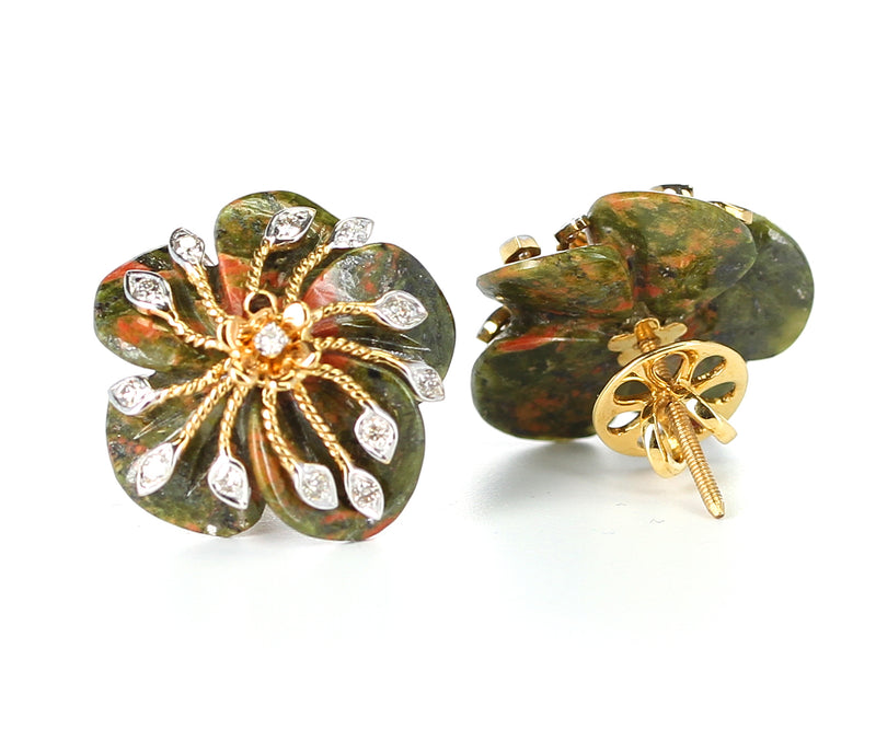 Carved Unakite Green and Orange Tone Earrings with Diamonds, 14K Gold