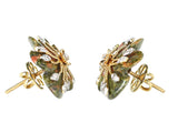 Carved Unakite Green and Orange Tone Earrings with Diamonds, 14K Gold