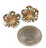 Carved Unakite Green and Orange Tone Earrings with Diamonds, 14K Gold
