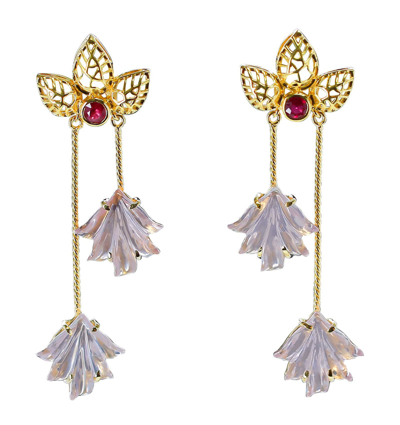 Dual Carved Rose Quartz Earrings with Gold Leaf Work with Ruby