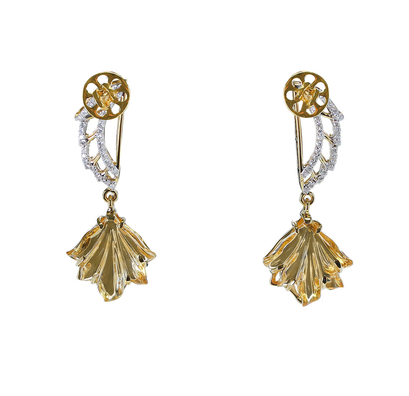 Carved Citrine and Diamond Wing Earrings, 14K Gold
