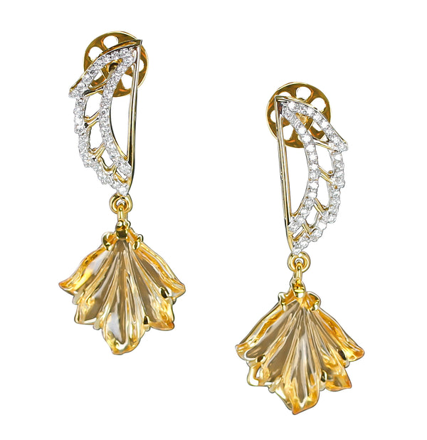 Carved Citrine and Diamond Wing Earrings, 14K Gold