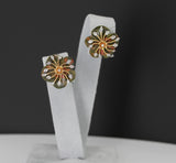 Carved Unakite Green and Orange Tone Earrings with Diamonds, 14K Gold