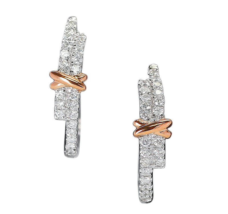 Large White Diamond Hoop Earrings with a Rose Gold Bow, 14K Gold