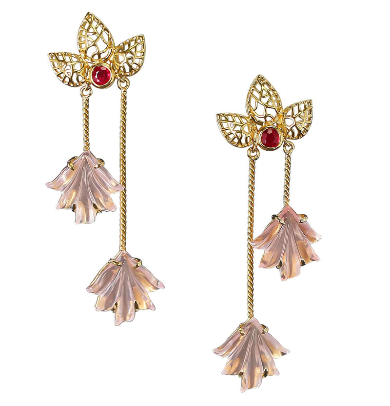 Dual Carved Rose Quartz Earrings with Gold Leaf Work with Ruby