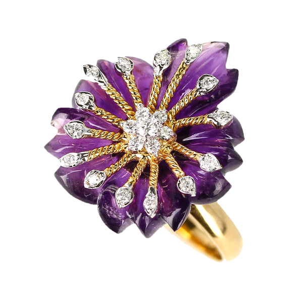 Carved Floral Amethyst Ring with Diamonds