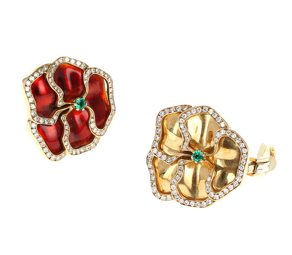 Red and Yellow Enamel Earrings with Emerald and Diamonds