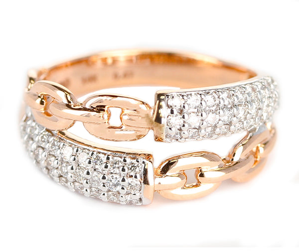 Double Row Rose Gold Rope Ring with Diamonds, 14K Gold