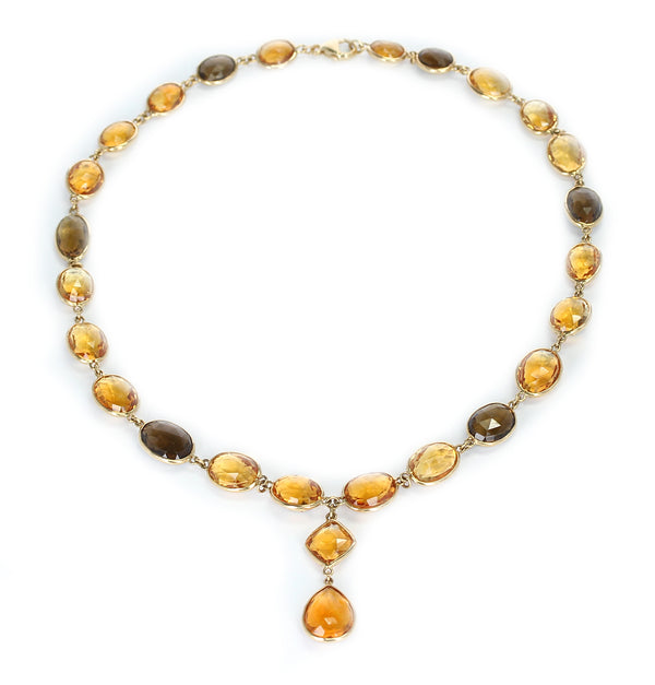 Citrine and Smoky Quartz Double Cabochon Rose Cut Fine 18K Gold Necklace