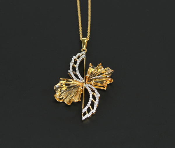 Carved Citrine and Diamond Pendant with Chain, 14K Gold