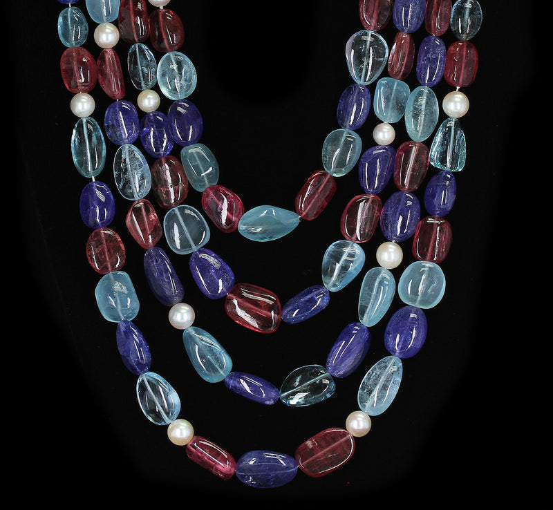 Tumbled Aquamarine, Tourmaline, Tanzanite and Pearl Beads Necklace