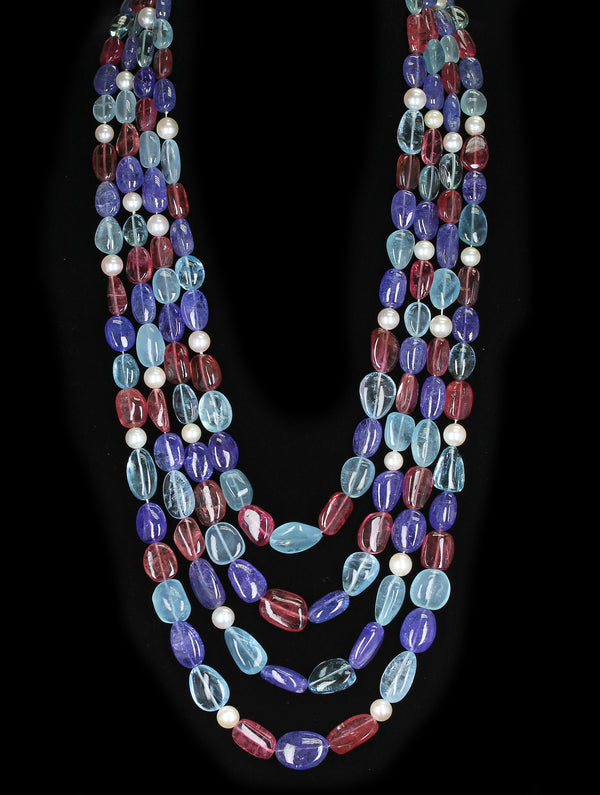 Tumbled Aquamarine, Tourmaline, Tanzanite and Pearl Beads Necklace