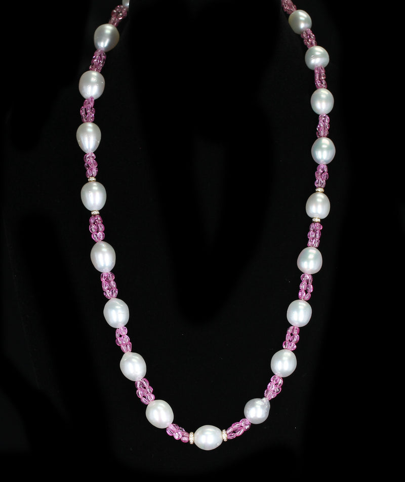 South Sea Pearl, Pink Sapphire, and Diamond & Gold Roundels Beads Necklace