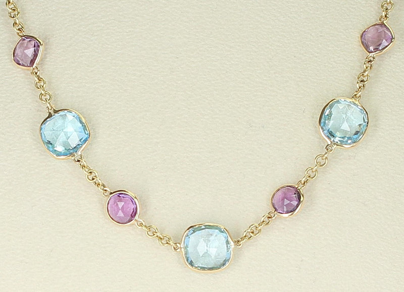 Amethyst and Blue Topaz Faceted Double Cabochon Rose Cut 18K Fine Necklace