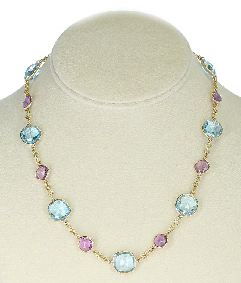 Amethyst and Blue Topaz Faceted Double Cabochon Rose Cut 18K Fine Necklace