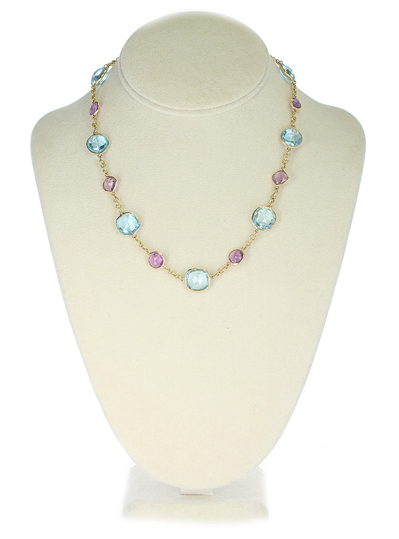 Amethyst and Blue Topaz Faceted Double Cabochon Rose Cut 18K Fine Necklace
