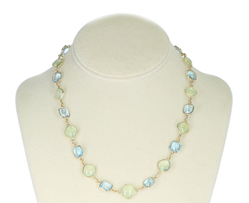 Smooth Blue Topaz and Green Prehnite Double Cabochon Fine 18K Yellow Gold Necklace