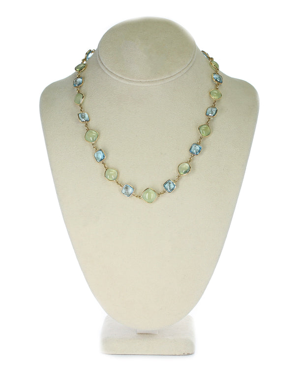 Smooth Blue Topaz and Green Prehnite Double Cabochon Fine 18K Yellow Gold Necklace