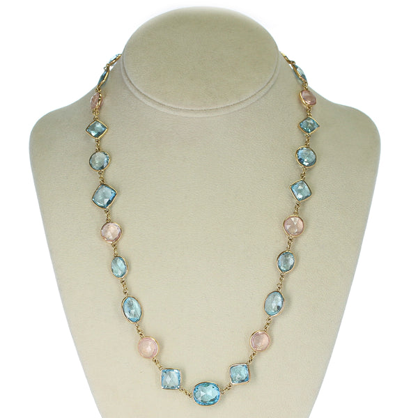 Round Rose Quartz and Oval and Diamond Blue Topaz Faceted Necklace 18K Fine Necklace
