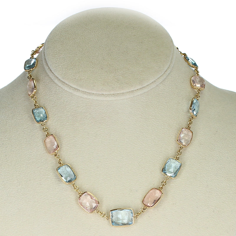Rectangular Blue Topaz and Rose Quartz Faceted Necklace 18K Fine Necklace