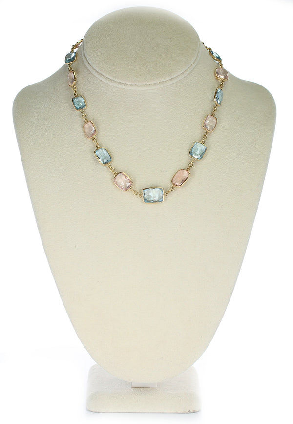 Rectangular Blue Topaz and Rose Quartz Faceted Necklace 18K Fine Necklace