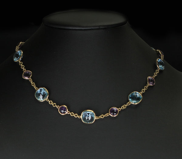 Amethyst and Blue Topaz Faceted Double Cabochon Rose Cut 18K Fine Necklace