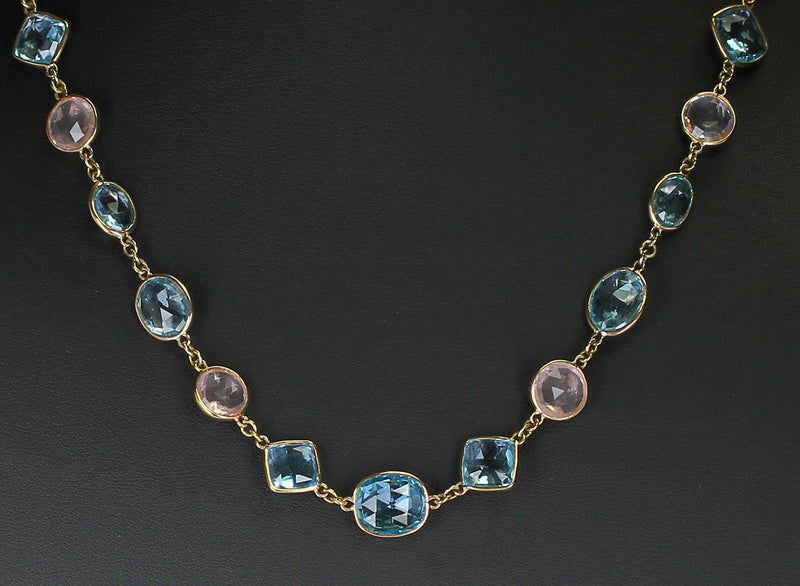 Round Rose Quartz and Oval and Diamond Blue Topaz Faceted Necklace 18K Fine Necklace