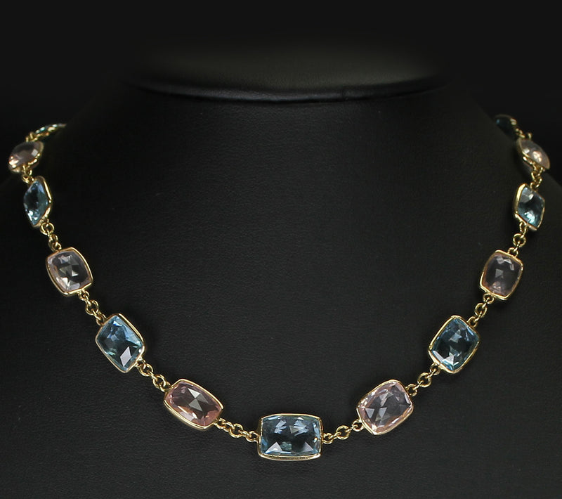Rectangular Blue Topaz and Rose Quartz Faceted Necklace 18K Fine Necklace