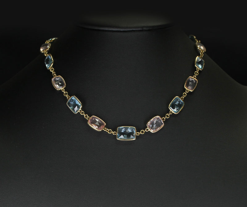 Rectangular Blue Topaz and Rose Quartz Faceted Necklace 18K Fine Necklace