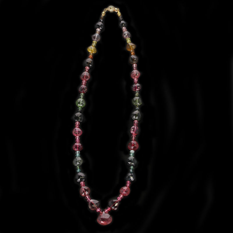 Tourmaline Faceted Drops with Beads Necklace, Gold Plated Clasp
