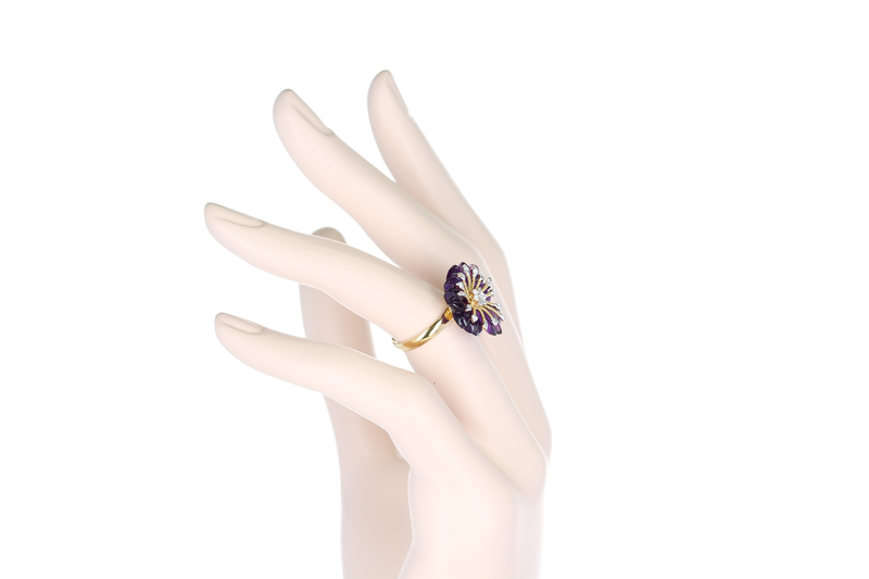 Carved Floral Amethyst Ring with Diamonds