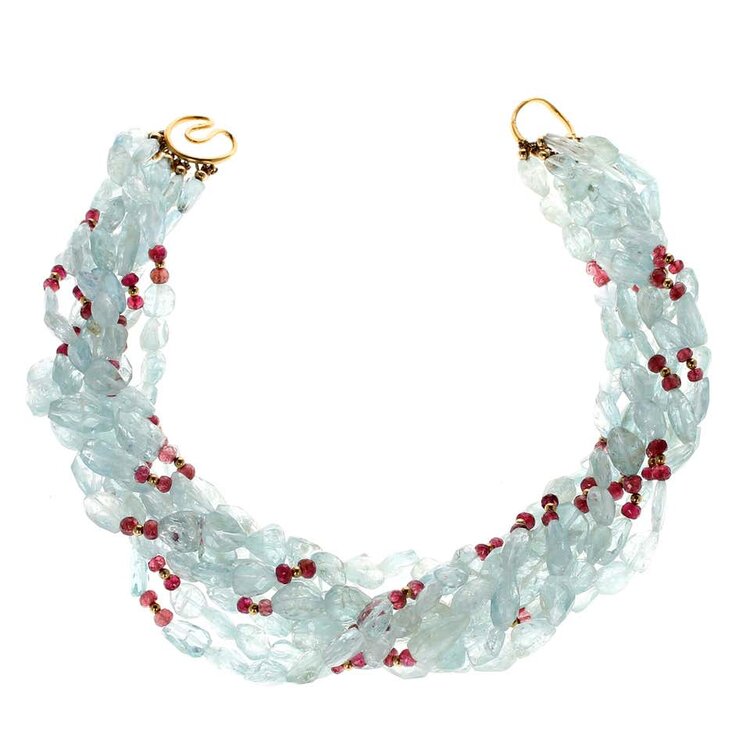 Aquamarine and Tourmaline Gold Beads Necklace