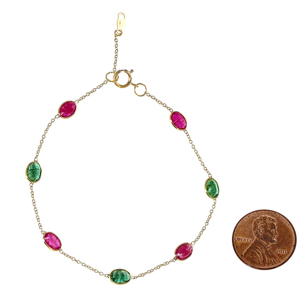 4 x 6 Oval Genuine Ruby and Emerald 18k Yellow Gold Adjustable Bracelet