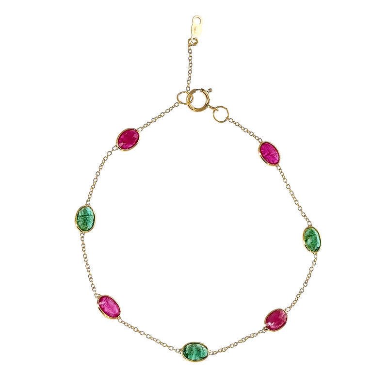 4 x 6 Oval Genuine Ruby and Emerald 18k Yellow Gold Adjustable Bracelet