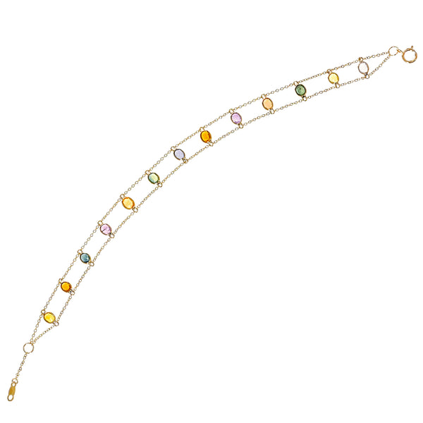 Oval Genuine Multi-Sapphire Double Line 18k Yellow Gold Adjustable Bracelet