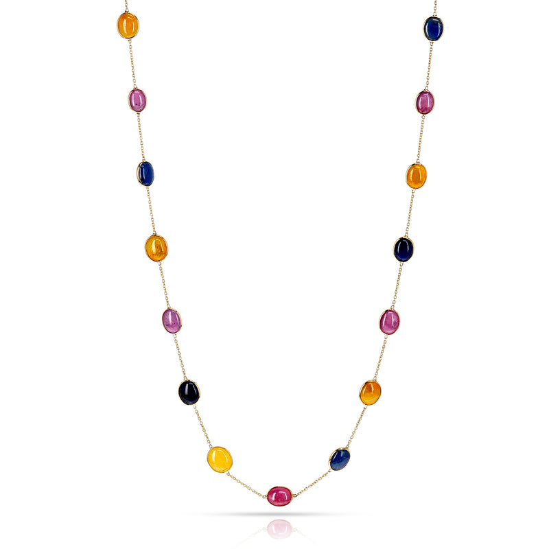 Oval Blue, Yellow and Pink Sapphire Cabochon Necklace, 18k