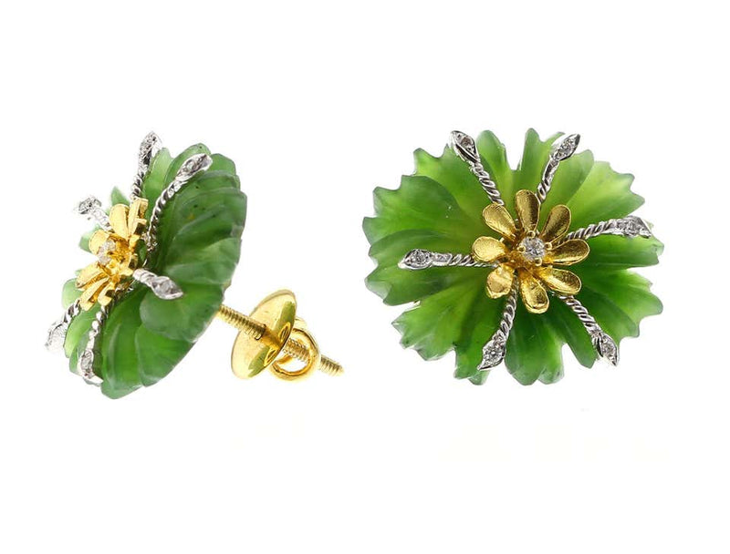 Carved Floral Jade Earrings with Diamonds
