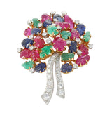 Carved Tutti Frutti Brooch with Ruby, Sapphire, Emerald, Diamond, 18K & Platinum