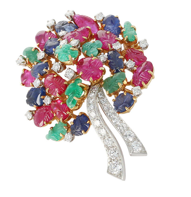 Carved Tutti Frutti Brooch with Ruby, Sapphire, Emerald, Diamond, 18K & Platinum
