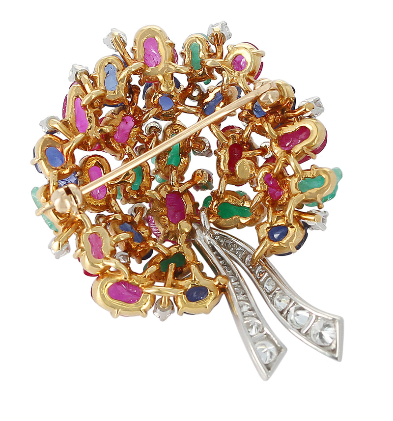 Carved Tutti Frutti Brooch with Ruby, Sapphire, Emerald, Diamond, 18K & Platinum