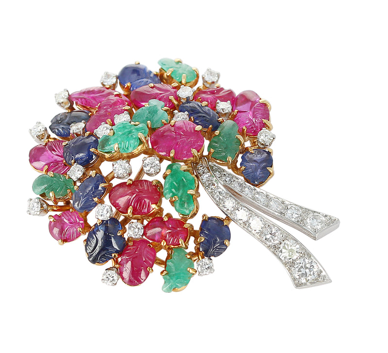 Carved Tutti Frutti Brooch with Ruby, Sapphire, Emerald, Diamond, 18K & Platinum