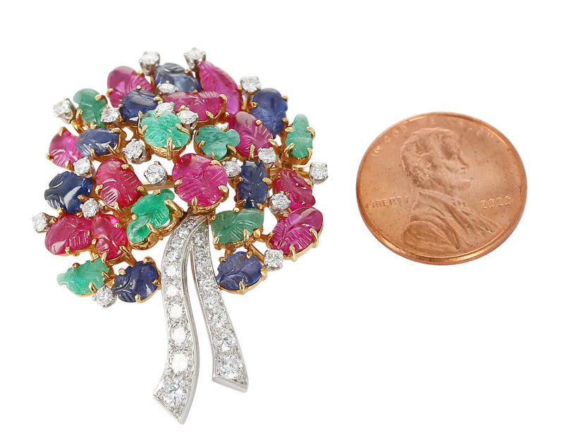 Carved Tutti Frutti Brooch with Ruby, Sapphire, Emerald, Diamond, 18K & Platinum