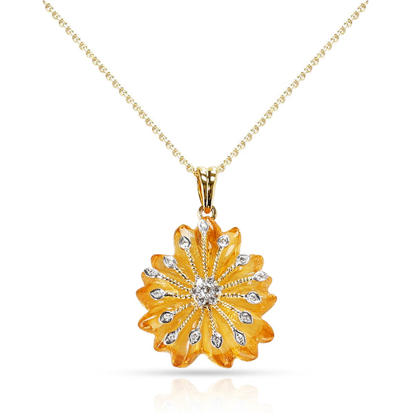 Citrine Carved Floral Pendant with 14k Gold and Diamonds