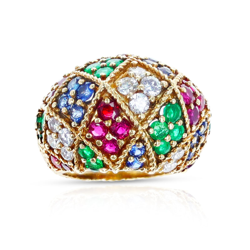 Ruby, Emerald, Sapphire and Diamond Textured Gold Bombe Ring