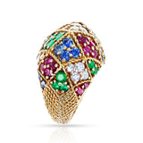 Ruby, Emerald, Sapphire and Diamond Textured Gold Bombe Ring