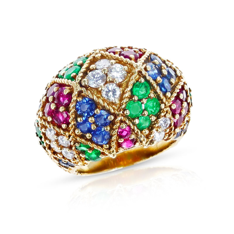 Ruby, Emerald, Sapphire and Diamond Textured Gold Bombe Ring