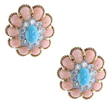 Large Coral and Turquoise Floral Earrings with Diamonds, 18 Karat Yellow Gold