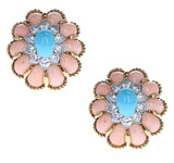 Large Coral and Turquoise Floral Earrings with Diamonds, 18 Karat Yellow Gold